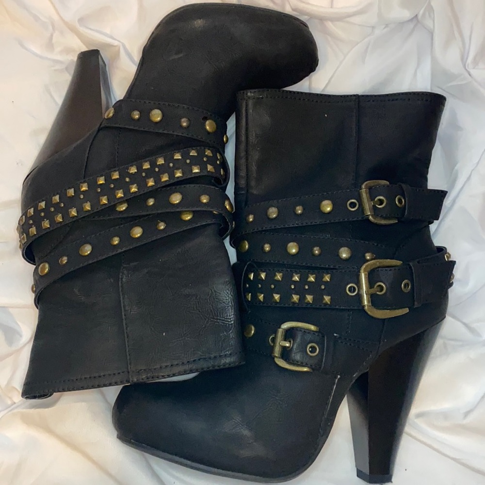 Black pleather gold studded heeled boots